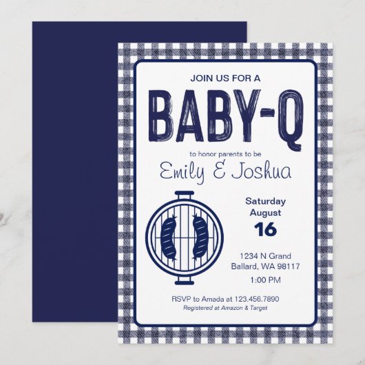 Navy Gingham Plaid Baby shower Invitation Kaart (Voorkant / Achterkant)