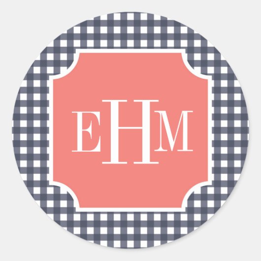 Navy Gingham Ronde Sticker (Voorkant)