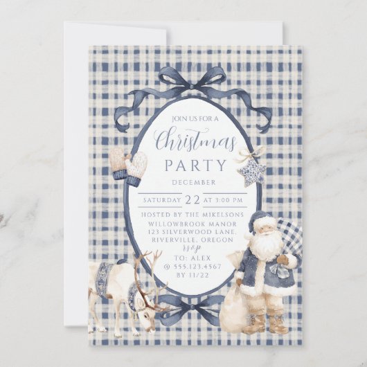 Navy Gingham Santa Christmas Kaart (Voorkant)