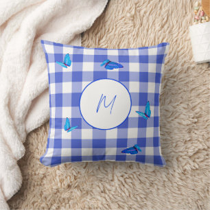 Navy Gingham Vlinder Elegante Monogram Kussen