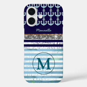 Navy Girly Stripes Monogrammed iPhone 16 Hoesje