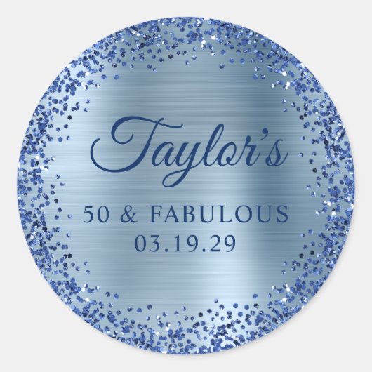 Navy Glitter Light Blue Foil 50 & Fabulous Ronde Sticker (Voorkant)