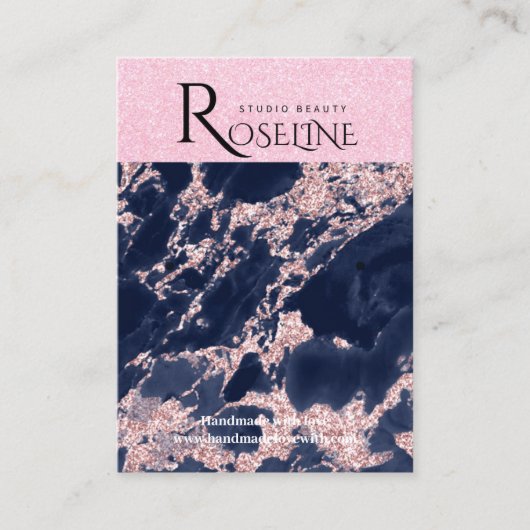 Navy Glitter Roze Marmer Sieraden Display Visitekaartje (Voorkant)