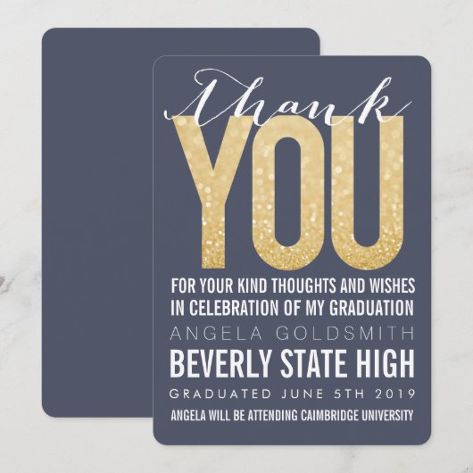 Navy Glitter Typography Afstuderen - Hartelijk dan Bedankkaart (Voorkant / Achterkant)