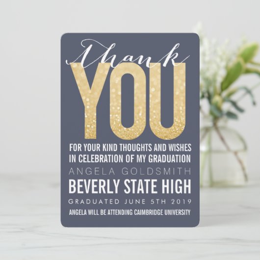 Navy Glitter Typography Afstuderen - Hartelijk dan Bedankkaart (Staand voorkant)