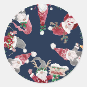 Navy Gnomen Kerst Waterverf Holly Foliage Ronde Sticker