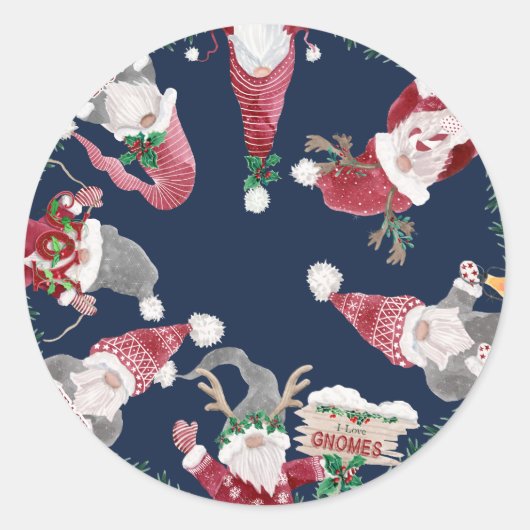 Navy Gnomen Kerst Waterverf Holly Foliage Ronde Sticker (Voorkant)