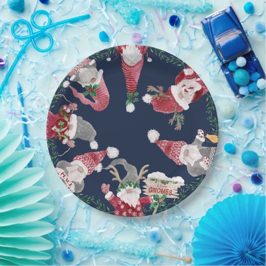 Navy Gnomes Red Grey Christmas Waterverf Foliage Papieren Bordje (Feest)