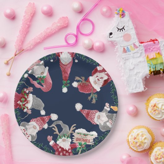 Navy Gnomes Red Grey Christmas Waterverf Foliage Papieren Bordje (Feest)