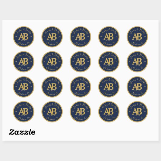 Navy Gold 2 Letter Monogram Huwelijk Ronde Sticker (Vel)