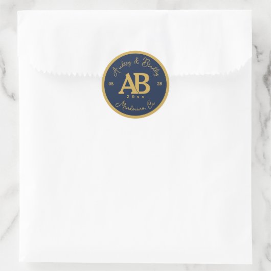 Navy Gold 2 Letter Monogram Huwelijk Ronde Sticker (Tas)