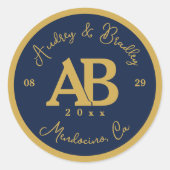 Navy Gold 2 Letter Monogram Huwelijk Ronde Sticker (Voorkant)