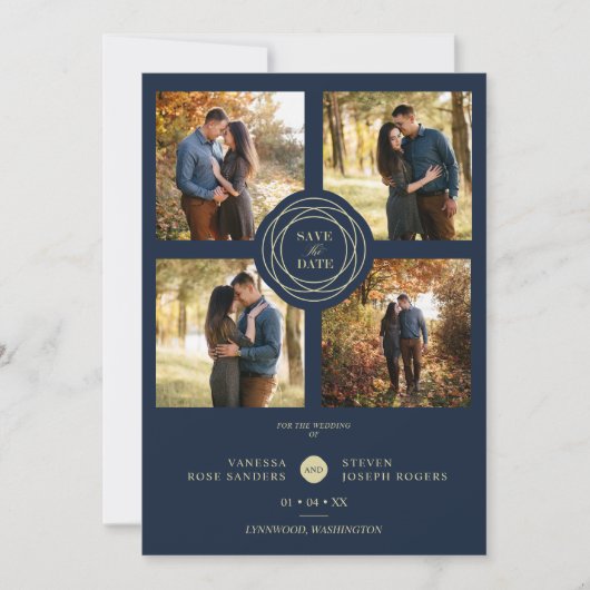 Navy Gold 4 Foto's Modern Collage Wedding Script (Voorkant)