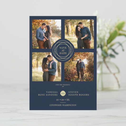 Navy Gold 4 Foto's Modern Collage Wedding Script (Staand voorkant)