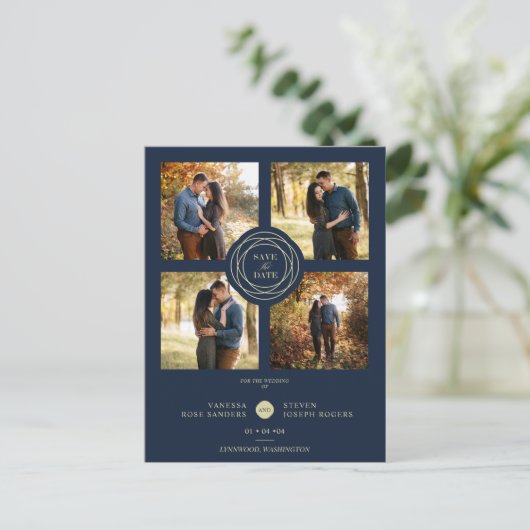 Navy Gold 4 Foto's Modern Collage Wedding Script Briefkaart (Staand voorkant)