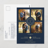 Navy Gold 4 Foto's Modern Collage Wedding Script Briefkaart (Voorkant / Achterkant)