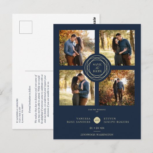 Navy Gold 4 Foto's Modern Collage Wedding Script Briefkaart (Voorkant / Achterkant)