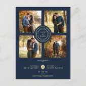 Navy Gold 4 Foto's Modern Collage Wedding Script Briefkaart (Voorkant)