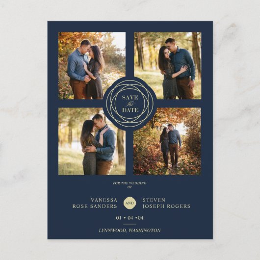 Navy Gold 4 Foto's Modern Collage Wedding Script Briefkaart (Voorkant)