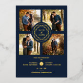 Navy Gold 4 Foto's Modern Collage Wedding Script Folie Uitnodiging (Voorkant)