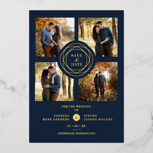 Navy Gold 4 Foto's Modern Collage Wedding Script Folie Uitnodiging (Voorkant)