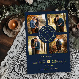 Navy Gold 4 Foto's Modern Collage Wedding Script Folie Uitnodiging