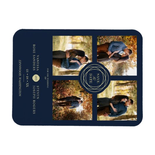 Navy Gold 4 Photos Modern Collage Wedding Script Magneet (Horizontaal)