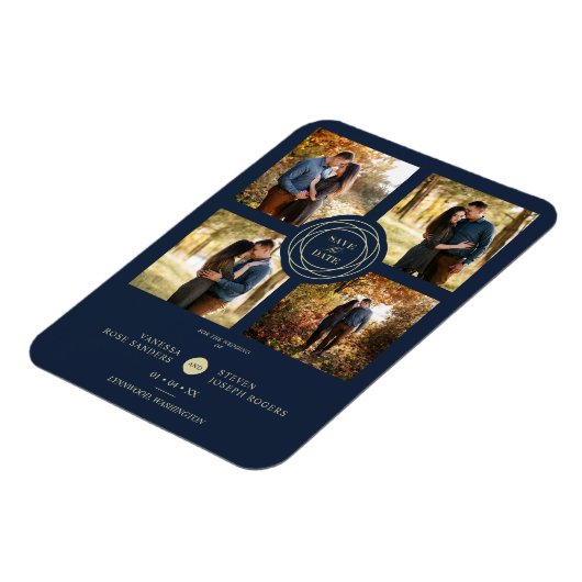 Navy Gold 4 Photos Modern Collage Wedding Script Magneet (Linkerzijde)