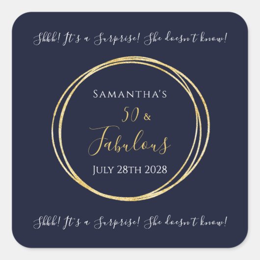 Navy Gold 50e verjaardagsfeestje ter verrassing Vierkante Sticker (Voorkant)