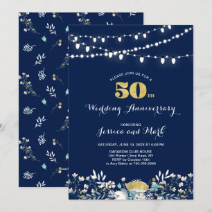 Navy & Gold 50th Wedding Jubileum Invitation Kaart