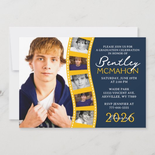 Navy & Gold 6 Fotofilmstrip Afstuderen Collage Kaart (Voorkant)