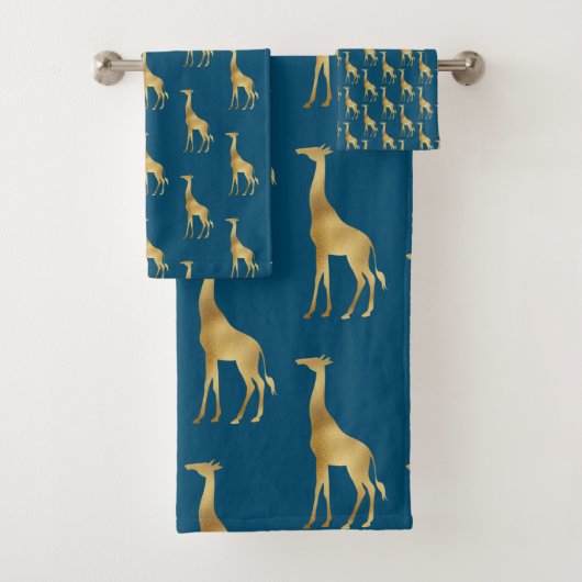 NAVY GOLD AFRICAN GIRAFFE WHITROOM TOWEL SET BAD HANDDOEK (Insitu)