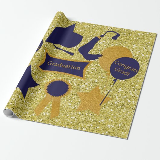 Navy & Gold Afstuderen Faux Glitter Cadeaupapier (Uitgerold)