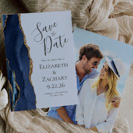 Navy Gold Agaat Bord Blauw Foto Save the Date Kaart