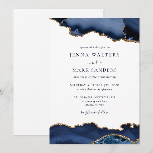 Navy Gold Agaat Geode Edelsteen Bruiloft Kaart (Voorkant / Achterkant)