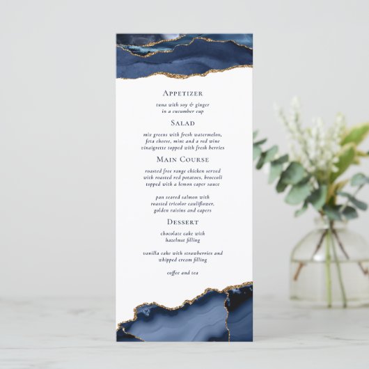 Navy Gold Agate Geode Marble Wedding Menu (Staand voorkant)