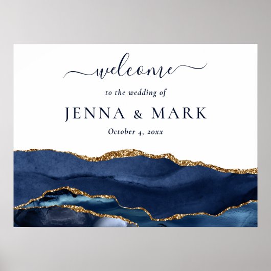 Navy Gold Agate Geode Marble Wedding Poster (Voorkant)