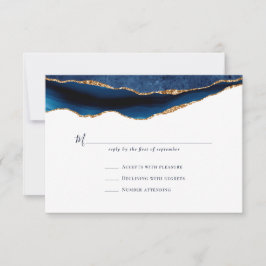 Navy Gold Agate Geode Marble Wedding RSVP Kaartje