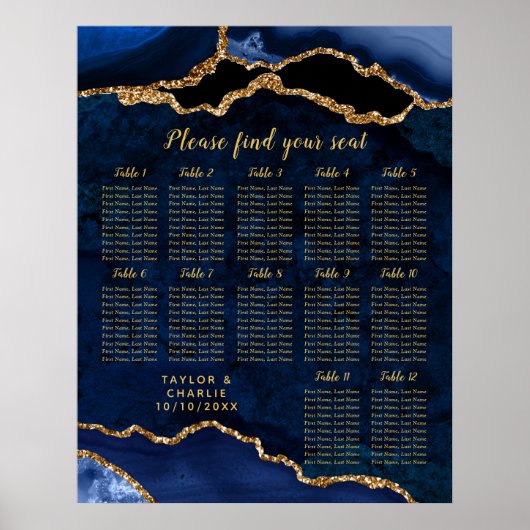 Navy Gold Agate Wedding 12 Tables Seating Chart Poster (Voorkant)