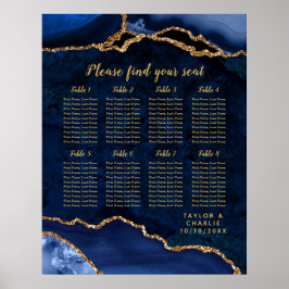 Navy Gold Agate Wedding 8 Tables Seating Chart Poster