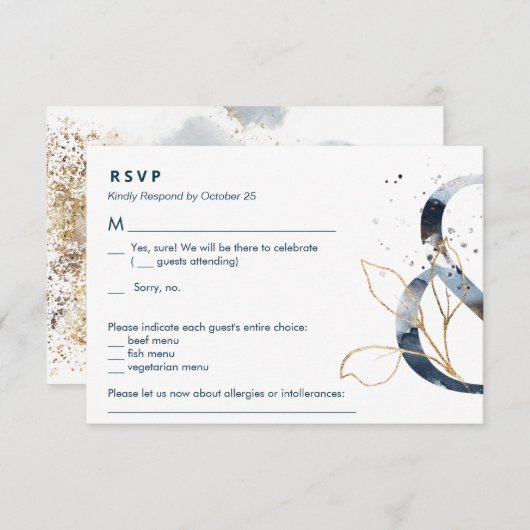 Navy Gold Ampersand Suite RSVP Informatiekaartje (Voorkant / Achterkant)