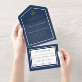 Navy Gold Anchor Nautical Wedding  All In One Uitnodiging (Uittrekbaar)