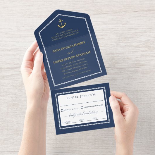 Navy Gold Anchor Nautical Wedding  All In One Uitnodiging (Uittrekbaar)