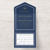 Navy Gold Anchor Nautical Wedding  All In One Uitnodiging (Binnenkant)