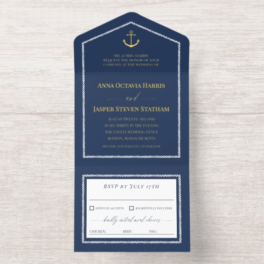 Navy Gold Anchor Nautical Wedding All In One Uitnodiging (Binnenkant)