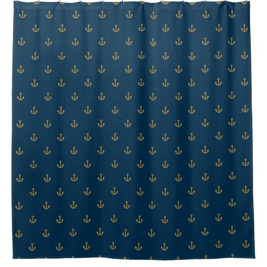 Navy Gold Anchor Pattern Douchegordijn (Voorkant)