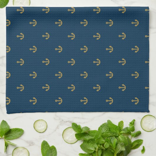 Navy Gold Anchor Pattern Theedoek (Gevouwen)