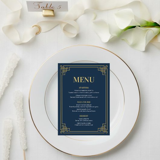 Navy Gold Art Deco 80th Birthday Dinner Party Menu