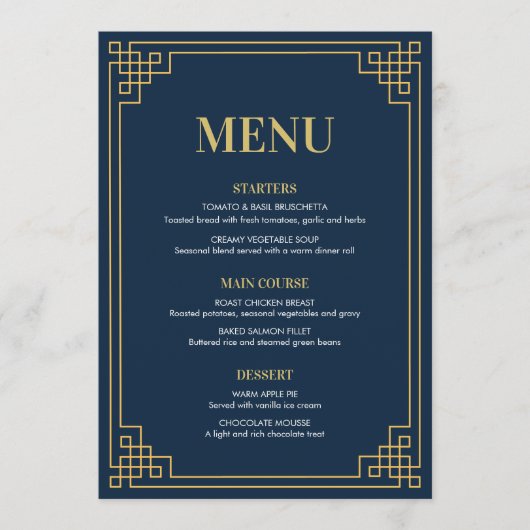 Navy Gold Art Deco 80th Birthday Dinner Party Menu (Voorkant)
