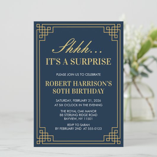 Navy Gold Art Deco 80th Birthday Surprise Party Kaart